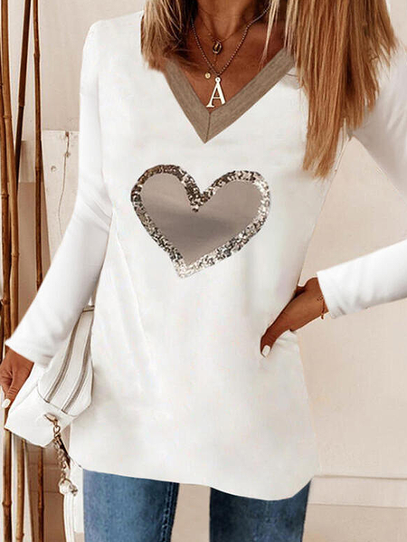 

Print Color Block Heart V-Neck Long Sleeves Casual Tops, White, Long sleeve tops
