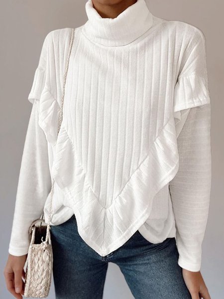 

Solid High Neck Casual Long Sleeve Tops, White, Tops