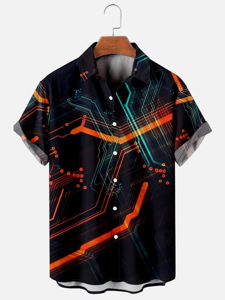 

Mens Virtual Technology Cyberpunk Print Casual Breathable Short Sleeve Hawaiian Shirts, Black, Men's Floral shirt