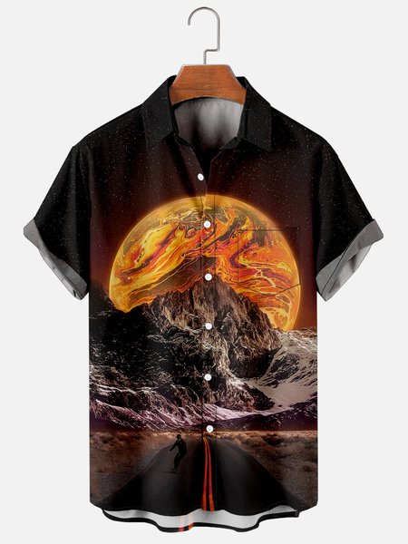 

Mens Planet Life Print Casual Breathable Chest Pockets Short Sleeve Hawaiian Shirts, Brown, Men's Floral shirt