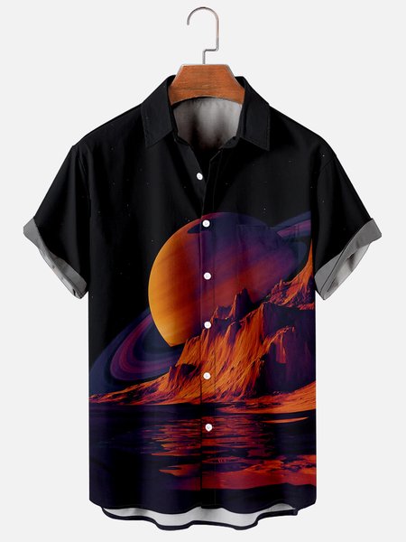 

Mens Planet Galaxy Print Casual Breathable Chest Pockets Short Sleeve Hawaiian Shirts, Black, Men's Floral shirt