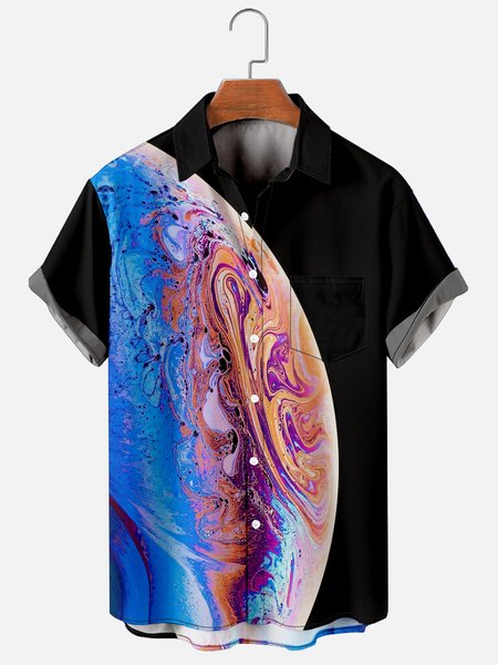 

Mens Planet Surface Print Casual Breathable Chest Pockets Short Sleeve Hawaiian Shirts, Black, Men's Floral shirt