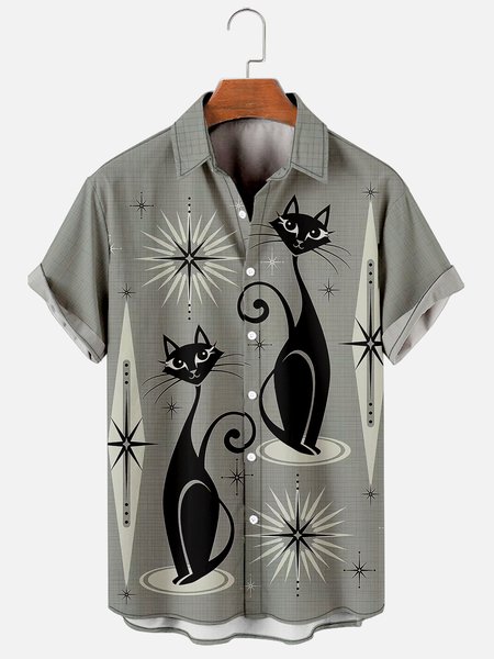 

Geometric Cat Casual Shirt, Gray, Men's Floral shirt