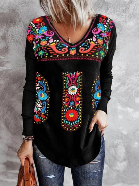 

Casual Long Sleeve V Neck Plus Size Printed Tops T-shirts, Black, T-Shirts