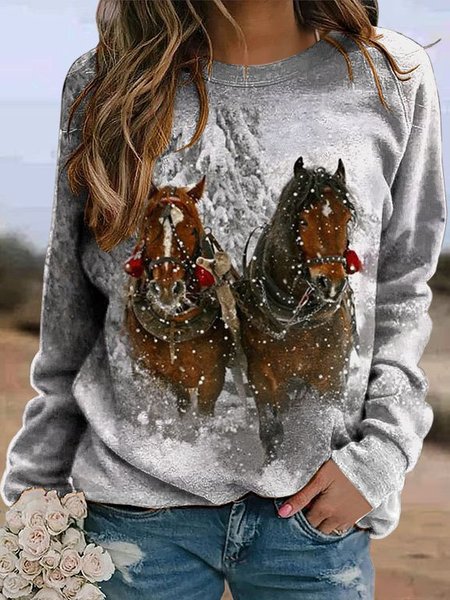 

Horses Printed Loosen Long Sleeve Crew Neck Sweatshirts, Gray, Hoodies & Sweatshirts
