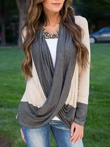

V Neck Loosen Color Block Shirts & Tops Cross-knot top, Khaki, Tops