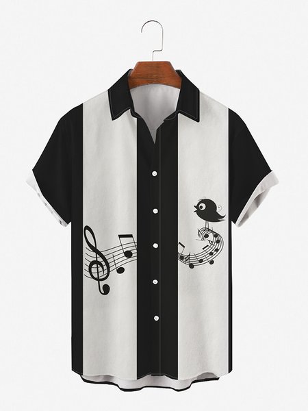 

Mens Music Sheet Note Print Casual Breathable Loose Short Sleeve Bowling Shirts, Black, Men's Floral shirt