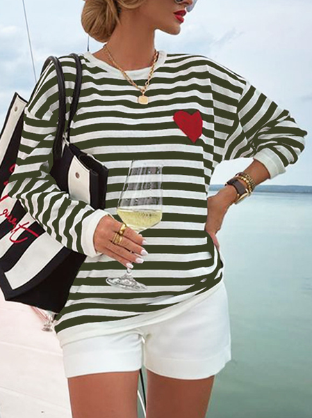 

Striped Regular Casual Elegant Fit Shirts & Tops, Army green, Long sleeve tops