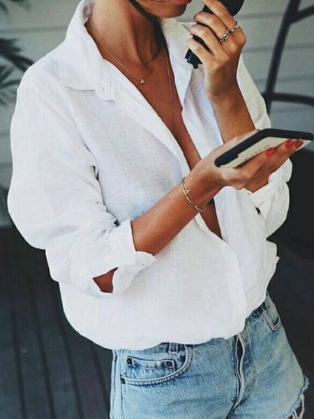 

Plain Collar Casual Regular Fit Long Sleeve Blouses, White, Blouses & Shirts
