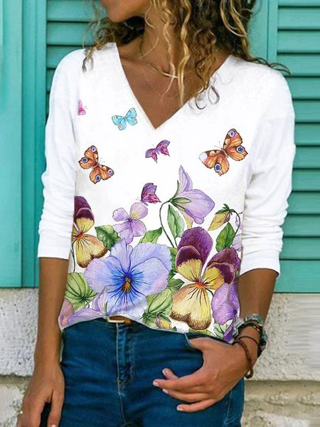 

Floral V Neck Casual Long Sleeve Shirts & Tops, White, Tops