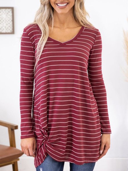 

Cotton Blends Striped V Neck Shirts & Tops, Wine red, Tees & T-shirts