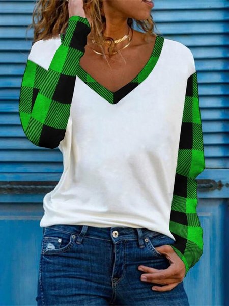 

T-shirt a maniche lunghe con scollo a V casual stampate a quadri, Verde, Blouses & Shirts