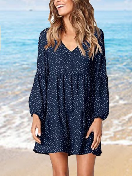 

Plaid, polka dot V-neck cake skirt tower skirt Cotton Blends Dresses, Navyblue, Mini Dresses
