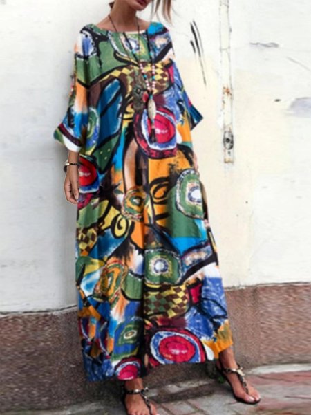 

Hippie Crew Neck Abstract Three Quater Maxi Dresses, Blue, Maxi Dresses