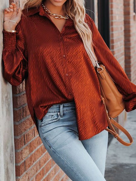 

Vacation Casual Striped Shirt Collar Long Sleeve Shirts & Tops, Brown, Shirts & Blouses