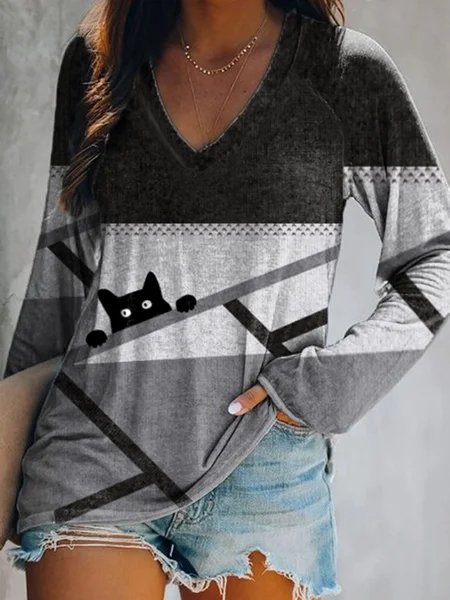 

Scollo a V Maniche Lunghe Stampato Casuale Top, Multicolore, T-Shirts