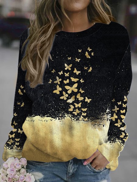 

Gradient Butterfly Print Round Neck Long Sleeve Sweatshirt, Black-gold, Hoodies&Sweatshirts