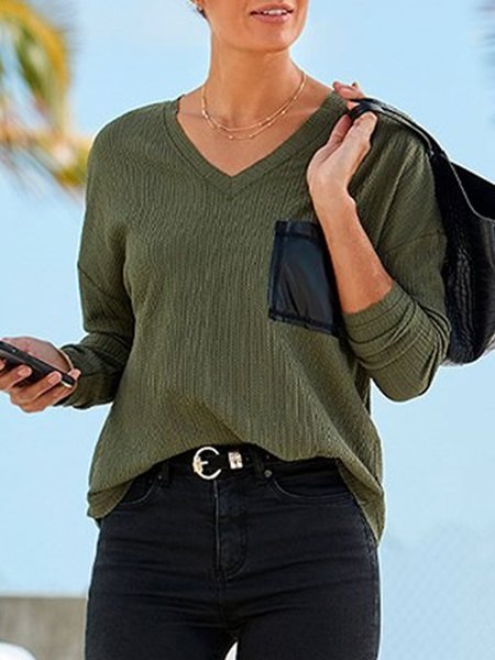 

Plain Pockets Long Sleeves V Neck Plus Size Casual Tops, Army green, T-Shirts