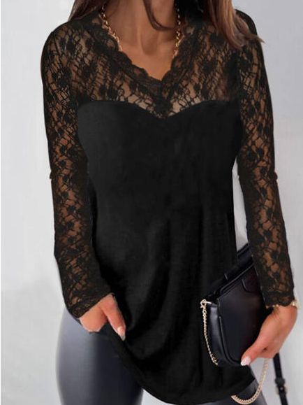 

Lace Hollow Out Simple Cotton Blends Loosen Shirts & Tops, Black, Tunics