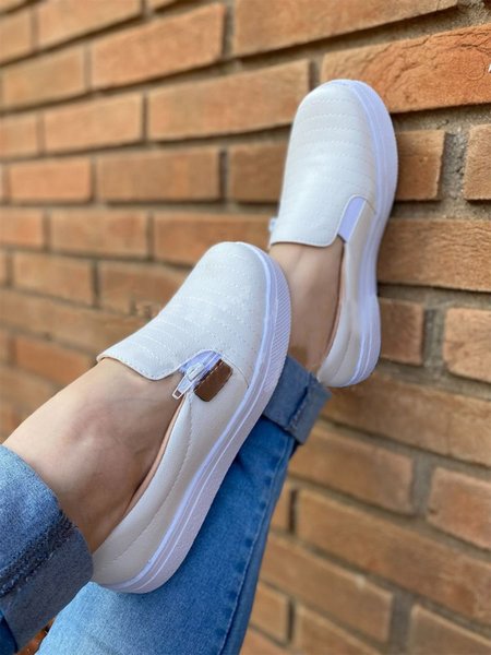 

Simple Stitching Zipper Flat Shoes, White, Flats