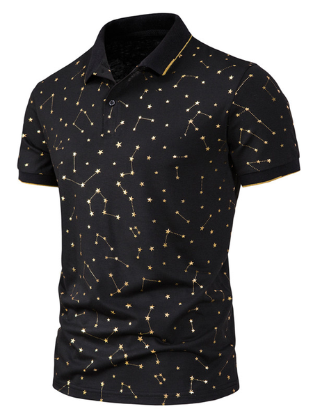 

Men's Lapel Short Sleeve Star Print Polo Shirt, Black, polo