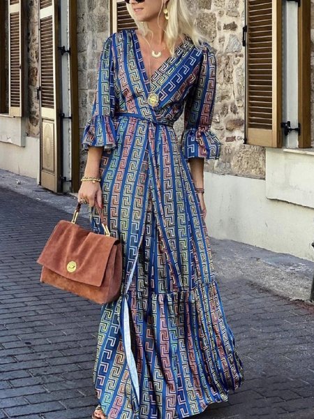 

Regular Fit Vacation V Neck Dresses, Blue, Maxi Dresses