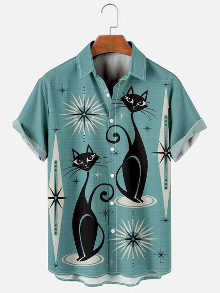 

Geometric Cat Casual Shirt, Green, Men's Floral shirt