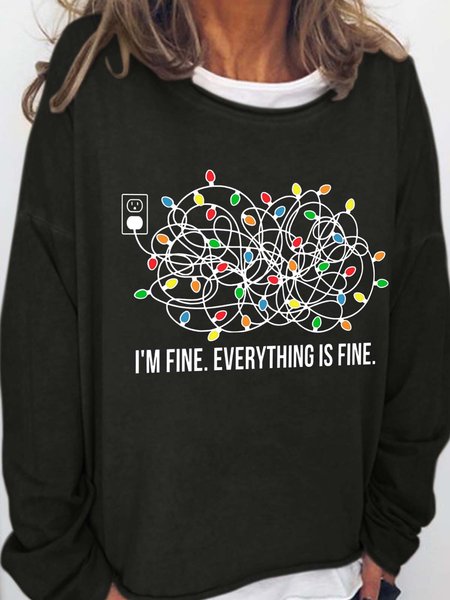 

I'm Fine Everything Is Fine Christmas Crew Neck Cotton Blends Sweatshirts, Black, Hoodies&Sweatshirts