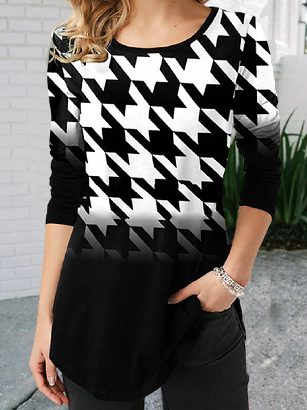 

Casual Houndstooth Regular Fit Shirts & Tops, Black, Long sleeve tops