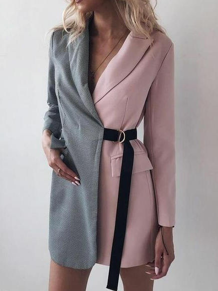 

Lapel Color Block Elegant Outerwear With Belt, As picture, Blazers