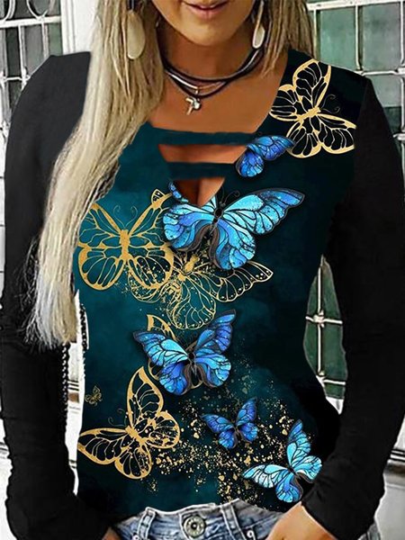 

Long Sleeve Butterfly Casual V Neck Shirts & Tops, Black, Tops