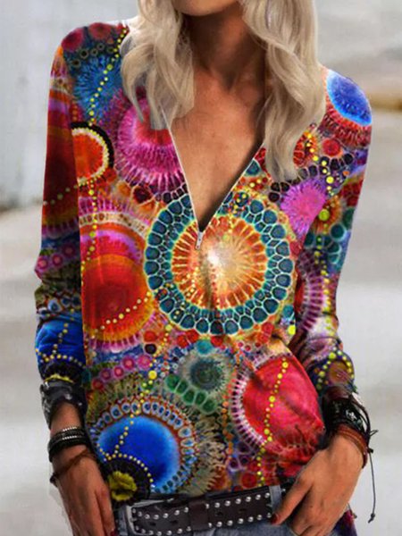 

Casual Zipper Long Sleeve V Neck Printed Top, Multicolor, Tops
