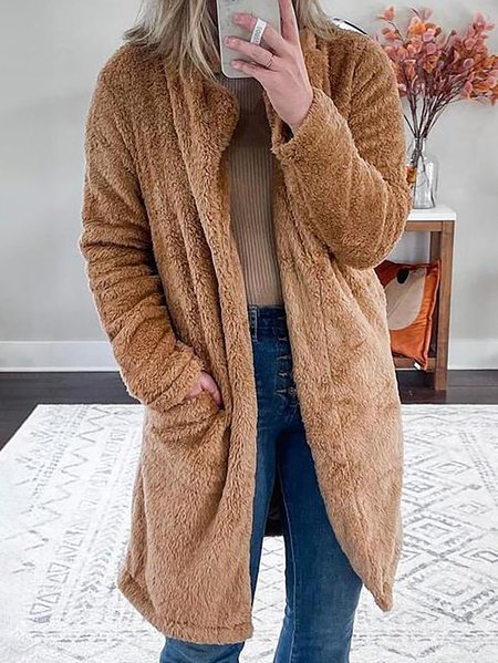 

Casual Fuzzy Lapel Collar Loosen Md-long Coats, Brown, Coats