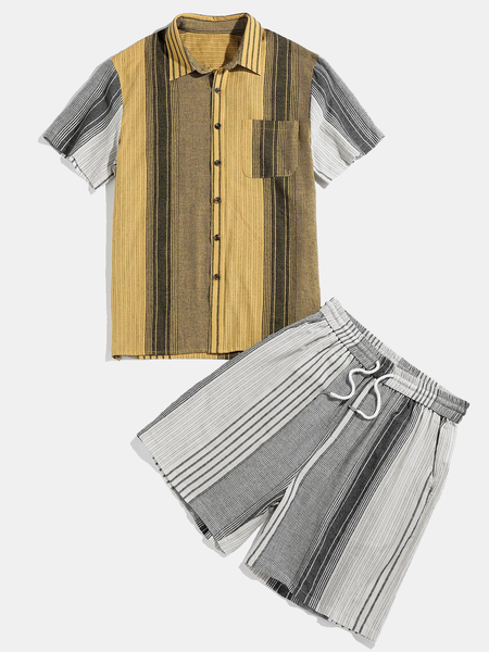 

Pockets Outdoor Short Sleeve Shirt Collar Suits, As picture, Men's sets