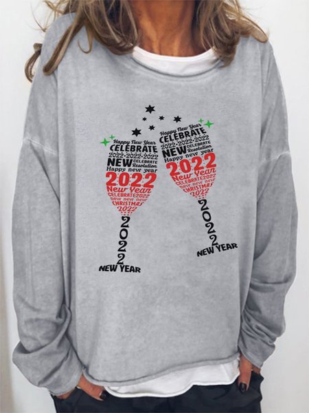 

2022 Letters Printed Casual Round Neck Loosen Shirts & Tops, Gray, Tops