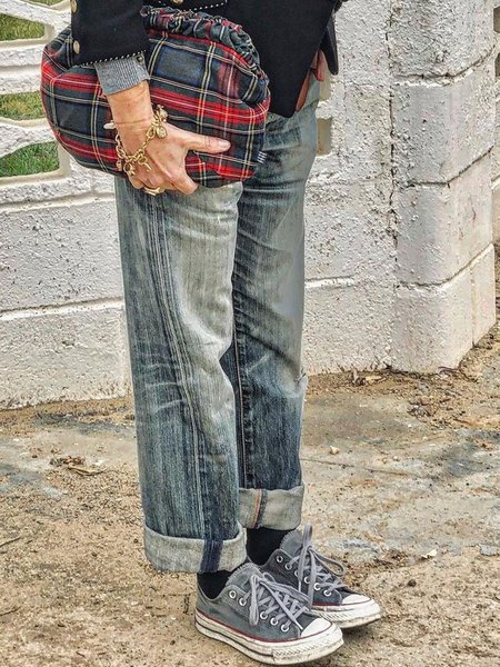 

Plus Size Casual Denim Loosen Solid Pants, As picture, Jeans