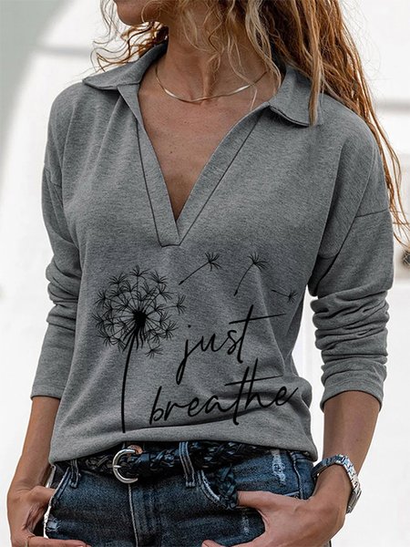 Casuale Dente di leone Maniche Lunghe Colletto a Camicia Top, Grigio, T-shirts