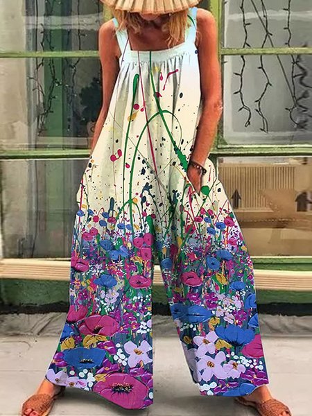 

Plant flower printing Loosen Casual Square Neck One-Pieces, Blue, Jumpsuits