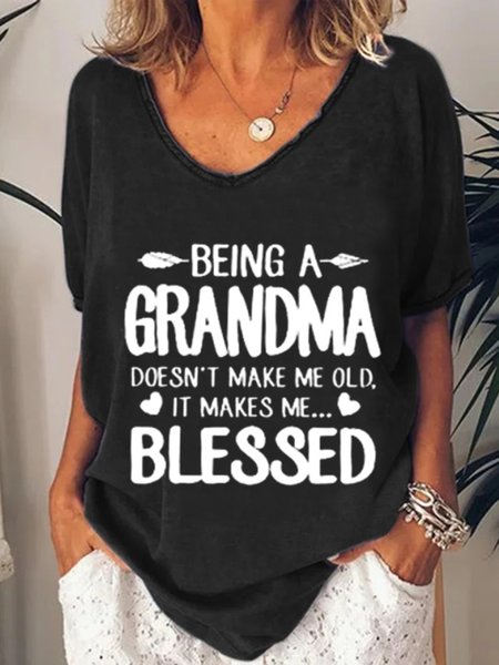 

Casual Short Sleeve V Neck Plus Size Printed Tops T-shirts, Black, T-Shirts