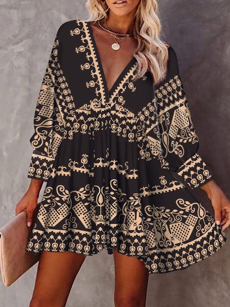 

Tribal V Neck Dresses, Black-gold, Mini Dresses