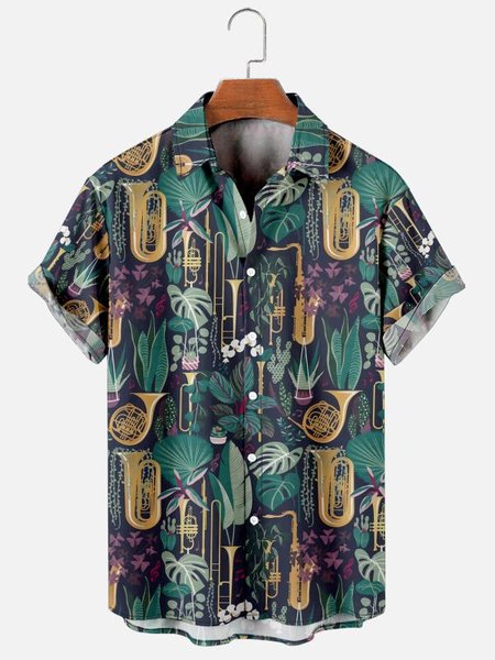 

Retro music Hawaiian short sleeve shirt, As picture, Men's Floral shirt