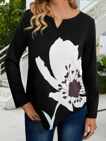 Floral Casual Tops, Black, Tops