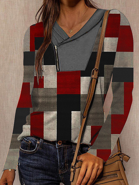 

Lapel Casual Geometric T-shirt, Multicolor, Long sleeve tops