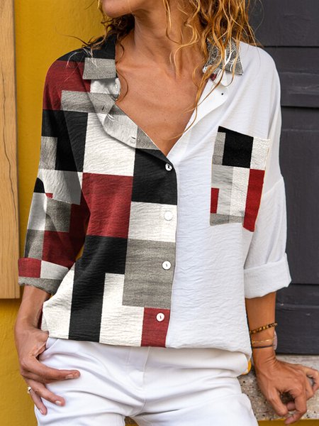 

Casual Shirt Collar Geometric Shirts & Tops, Red, Blouses & Shirts