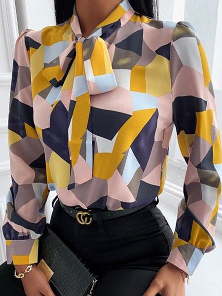

Work Date Daily Geometric Tie Neck Top, As picture, Tops