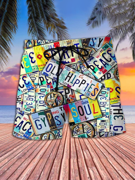 

Hawaiian vacation hippie peace print beach pants, Multicolor, Men's shorts
