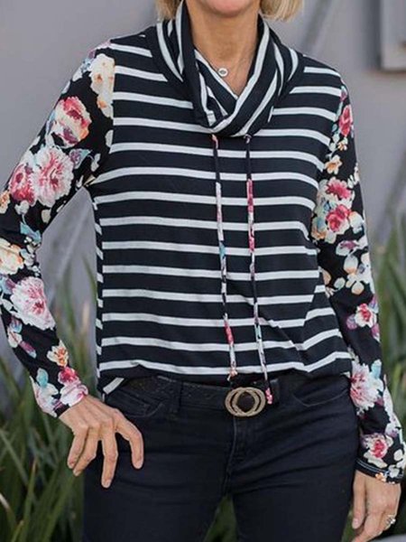 

Striped Casual Cowl Neck Floral Long Sleeve T-shirt, Black, T-Shirts