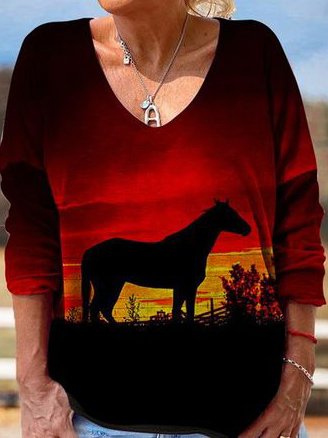 Horse Printed V Neck Loosen Long Sleeve Casual Shirts & Tops, Red, Long sleeve tops