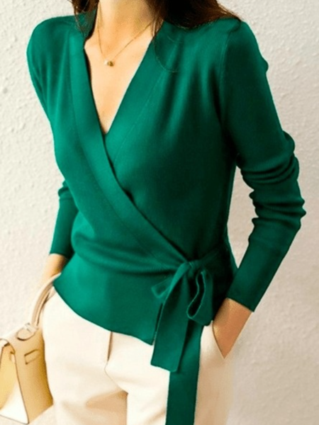

Fall Plain V Neck Regular Fit Long sleeve Simple High Stretch Mid-weight Sweater, Green, Cardigans