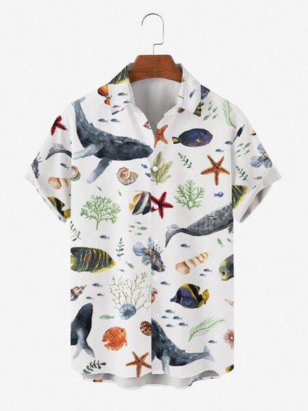 

Mens Sea Life Print Casual Breathable Loose Short Sleeve Hawaiian Shirts, White, Men's Floral shirt